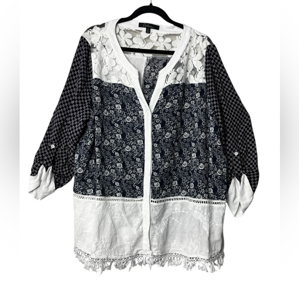 Calessa Plus Size 3X Art to Wear Abstract Mix Material Pieced Knit Tunic Top